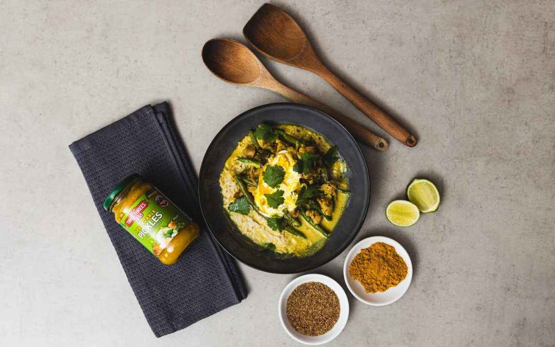 Sri Lankan chicken green bean curry with mustard pickles